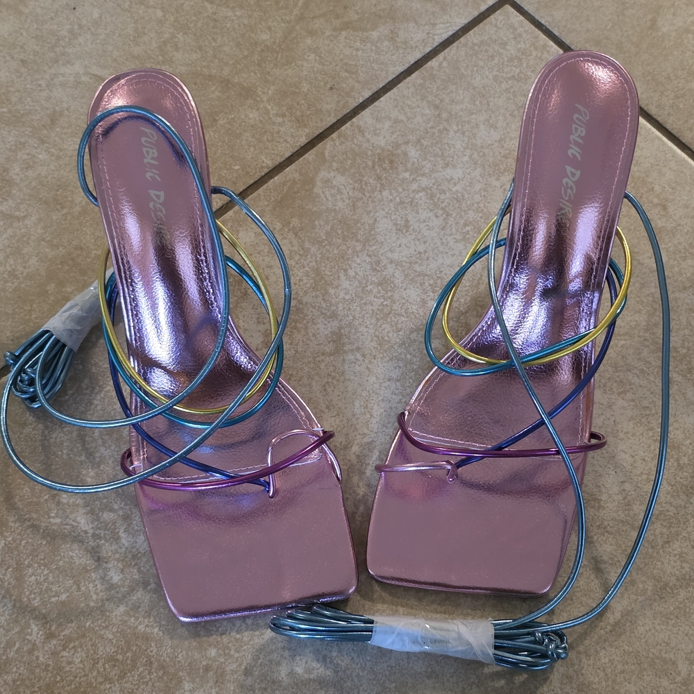 Public Desire Pink and Blue Iridescent Sandals